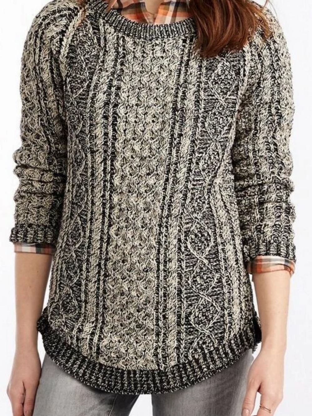 L.L.Bean Signature Cotton Fisherman Tunic Sweater L EUC black and cream
